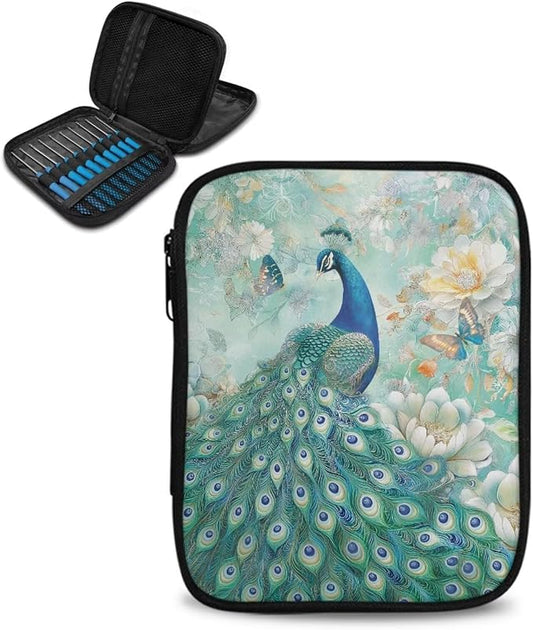Hechitok Peacock Floral Empty Crochet Hook Case Portable Travel Crochet Storage Bag Organizer Zipper Bags with Web Pocket and Crochet Holder Slots for Crochet Knitting Accessories