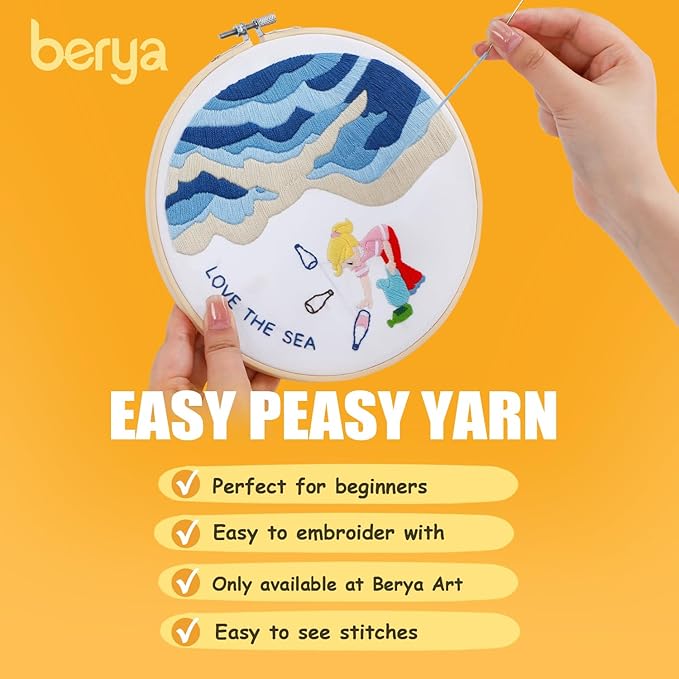 BERYA Embroidery Kit for Adult Beginners, Sea Embroidery Kit with Step-by-Step Instructions and Video, Printed Cloth, 7.87" Hoop, Display Stand, Color Threads and Tools for Craft Lover(BEH001)