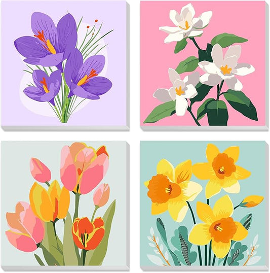 MXJSUA 4 Pack Tulips Flowers Framed Paint by Numbers Kit with Canvas for Adults Beginner, DIY Acrylic Oil Painting Kits with Brushes for Home Wall Decor Gift (8x8 inch)