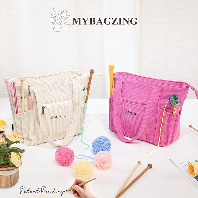 Crochet Bag and Tote - Corduroy Yarn Bag - Yarn Holder for Crocheting - Crochet Storage Bag for Crochet Hooks, Crochet Accessories, Knitting Bag for Crochet Lovers, Mom Gift