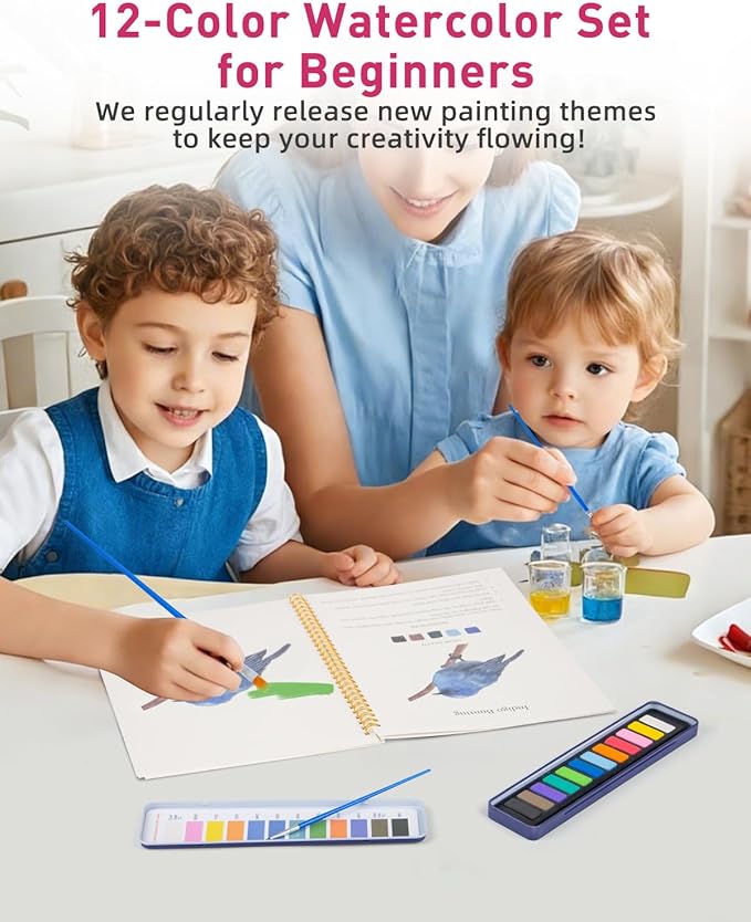 Dancart 10.2" x 8.2" Watercolor Books with Outlines, Beginner Watercolor Painting Set With 12 Colors Tin Box & 3 Brushes, Multi-Theme Watercolor Painting Kit for Beginners, Teens & Adults