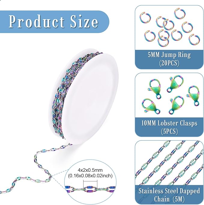 Sparkeads 5M Dapped Chain for Jewelry Making,Stainless Steel Chain,Rainbow Color Link Necklaces for Women,Lobster Claw Clasps,Cable Chain for Bracelet DIY Craft Supplies Jewelry Making Kits,4x2x0.5mm