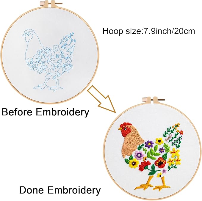 Louise Maelys Funny Animal Embroidery Kits for Beginners,Cross Stitch Kit for Adults,DIY Needlepoint with Hens and Flower Pattern
