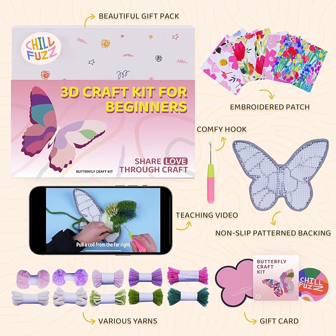 ChillFuzz DIY Boho Butterfly Coaster Kit Handcrafted Yarn Craft Set for Adults & Teens Colorful Crochet Coasters Beginner-Friendly DIY Home Decor Pink Origin