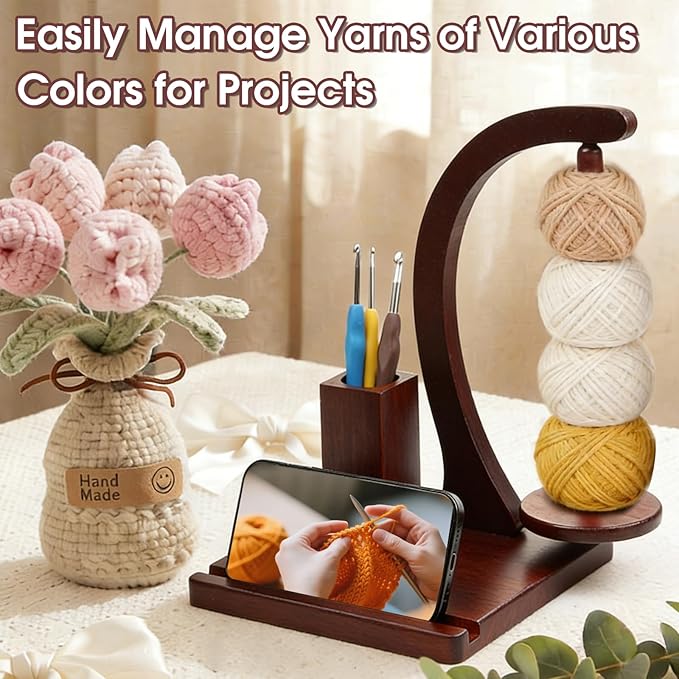 Magnetic Yarn Holder for Knitting and Crocheting,Wooden Crochet Yarn Holder,Crochet Yarn Holder with Crochet Hooks Knitting Tools for Knitting Lovers