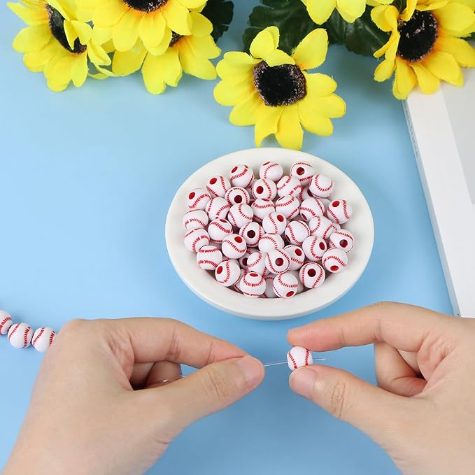 100pcs Baseball Beads with 5.5 Yard Elastic Rope,Acrylic Softball Beads Sports Bead DIY Spacer for Necklace Bracelet Keychains Handmade Jewelry Making Accessories Craft Supplies,12mm(White)
