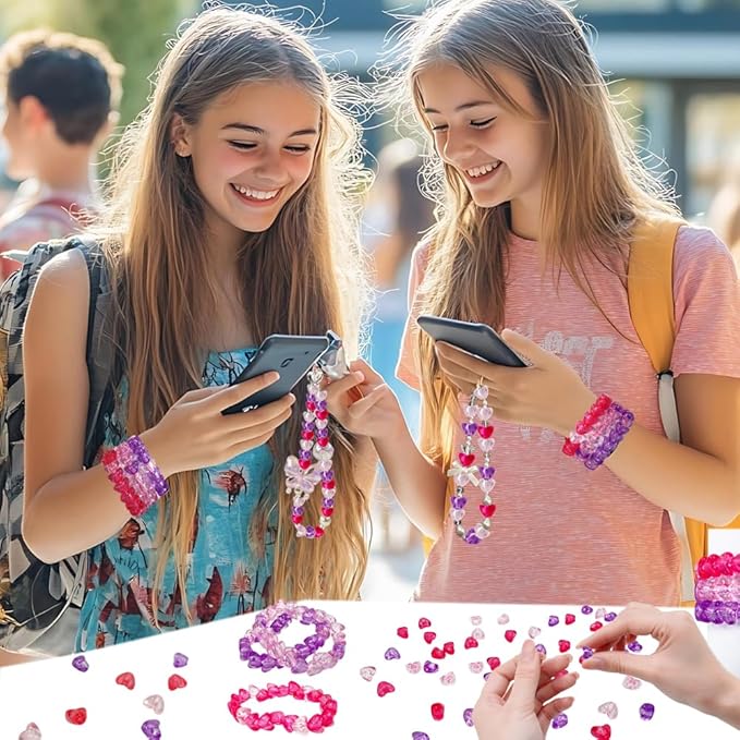 MIIIM 500 Pcs Clear Purple Pink Heart Pony Beads Shapes for Friendship Bracelet, Large Hole Kandi Beads for Hair Braids, Jewelry Making (Clear Purple Pink)