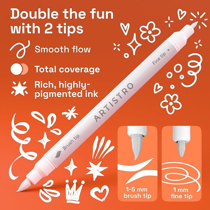 ARTISTRO 12 White Acrylic Paint Markers - Paint Pens for Drawing, Brush + Fine Tips - For Fabric, Rock, Glass, Wood, DIY, Eggs - Art & Craft Supplies for Adults, Teens, Kids - Easter Basket Stuffers