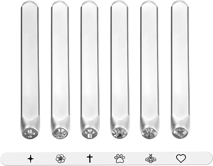 Yoption 6pcs Jewelry Metal Stamping Set, Heart Flower Star Paw Bee Cross Metal Stamps Punch Kit 4mm for Stamping Metal, Jewelry Working