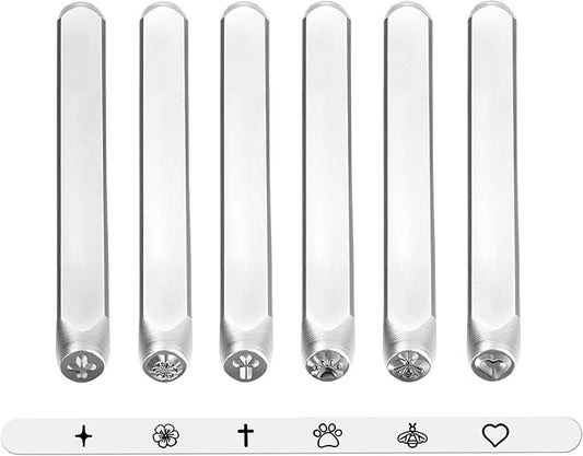 Yoption 6pcs Jewelry Metal Stamping Set, Heart Flower Star Paw Bee Cross Metal Stamps Punch Kit 4mm for Stamping Metal, Jewelry Working