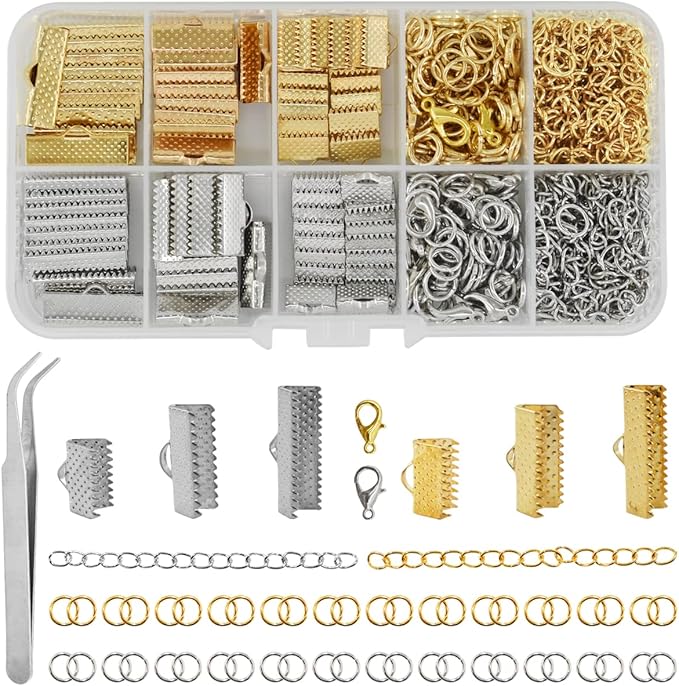 373Pcs Ribbon Bracelet Kit for Jewelry Making Ribbon End Crimps Lobster Clasps Awith Jump Rings and Chain Extenders for DIY Making Bookmark Pinch Bracelet Choker Necklace (Gold and Silver)