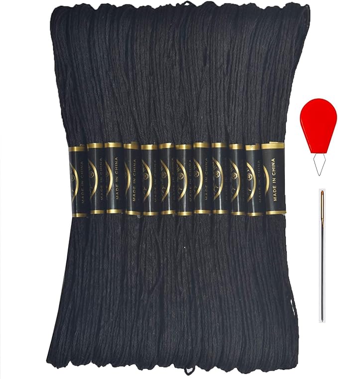 Embroidery Floss - Cross Stitch Threads - Friendship Bracelets Floss - Crafts Floss 12 Skeins Per Pack and Free Set of 2Embroidery Needles and 1Needle Threader（Black）