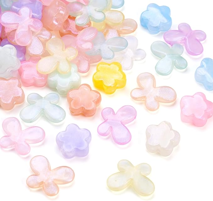 FASHEWELRY 140Pcs Acrylic Butterfly Flower Beads for Bracelet Making Assorted Cute Pony Bead Glitter Kawaii Beads Bulk Colorful Kandi Bracelet Bead for Jewelry Making