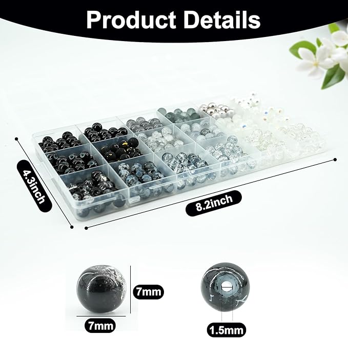 Hanyoung 8mm Glass Beads for Bracelet Punk Style, Black and White 48 Colors 1450 pcs Beads for Jewelry Making kit, Crystal Glass Round Beads for DIY Crafts Gifts (Black & White Color)