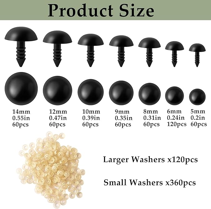 MAOQIAN 960PCS Safety Eyes for Amigurumi, 5-14mm, 7 Sizes Safety Eyes with Washers for Crocheting, DIY Crafts, Stuffed Animals