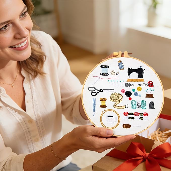 Crafmanoe Hand Embroidery Kits for Beginners Adults, Crewel Embroidery DIY Kits, Stamped Cross Stitch Kits for Beginners Adults Craft Kits for Women, Entire Set of Embroidery Supplies & Video Tutorial