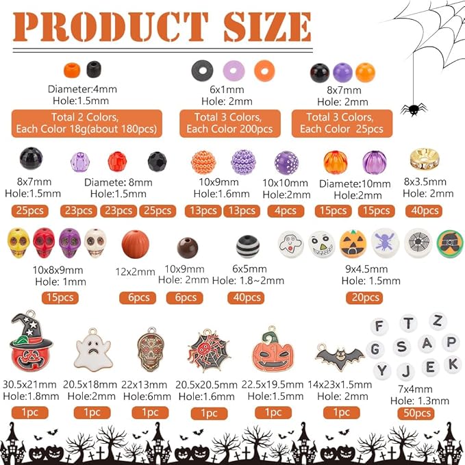 PH PandaHall Halloween Friendship Bracelet Kit, 1370+ Halloween Beads 24 Styles Orange Purple Acrylic Bead Skull Ghost Beads Charms Clay Heishi Bead for Jewelry Making Bracelet Necklace DIY Crafts