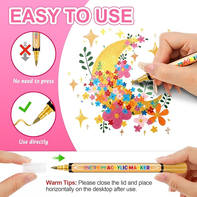 Betem Metallic Acrylic Paint Markers, Dual Tip 24 Colors Acrylic Paint Pens with Brush Tip and Fine Point, Permanent Glass Markers, Drawing Markers for Rock, Wood, Canvas, Card Making, Decorating Kit