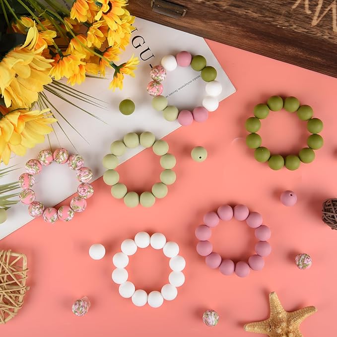 ASTARON 100 Pcs 15mm Silicone Beads for Keychain Making, Pink Green White Beads Bulk Round Beads for Bracelets Crafts Beadable Pens Decorations Jewelry Making Supplies