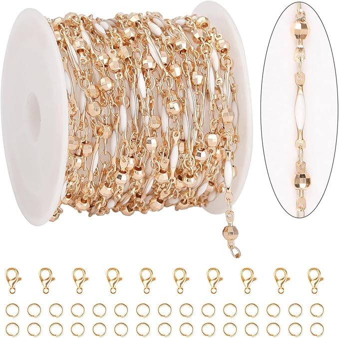 KYUNHOO 4 Meters Satellite Beaded Chain for Jewelry Making White Oil Drip Chain Link Gold Plated Brass Chain Spool for Women Making Jewelry Crafting Finding Supplies