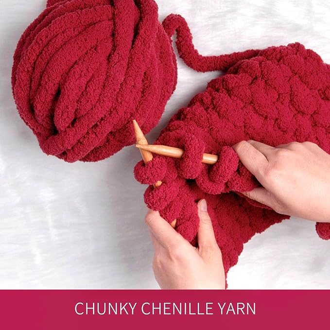 Wine Red Chunky Chenille Yarn for Crocheting Bulky Thick Fluffy Yarn for Knitting,Super Bulky Hand Blanket, Soft Plush Yarn Crochet Carpet/Scarf/Cushion/ 8 Jumbo Pack(63.76oz/197.68yd
