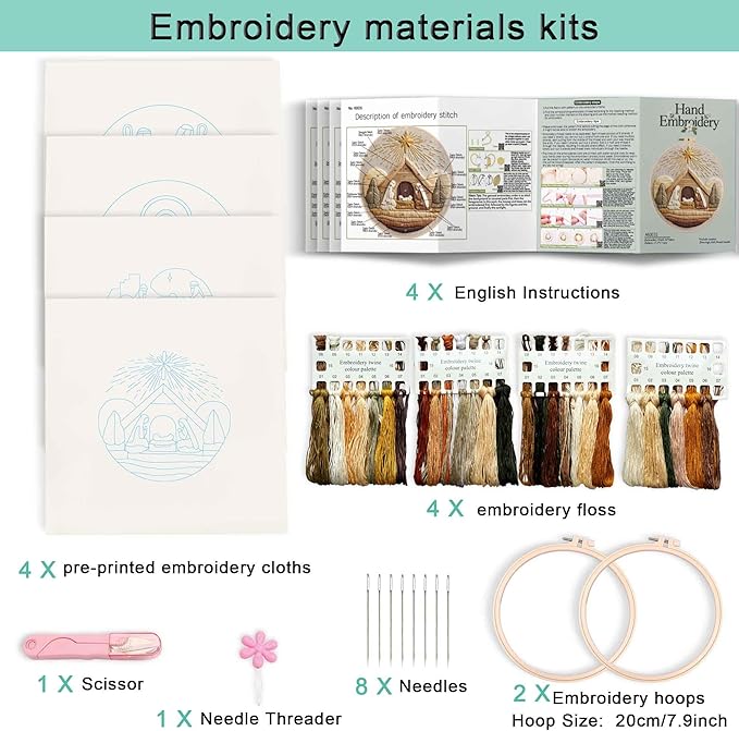 REEWISLY 4set Christmas Embroidery Kit for Adults Beginners, 4 Nativity Scenes with 2 Hoops, Counted Cross Stitch Kits with Floss & Needles, Beginner Embroidery Starter Kit for Handmade Holiday Decor