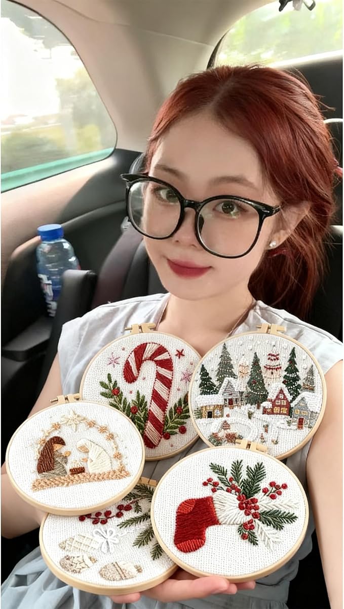 QBQBQ 4 Sets Christmas Embroidery Kit for Beginners, Embroidery Kits for Adults, Cross Stitch Kits for Beginners with Pattern, Needles, Threads, Bamboo Hoops, Tools