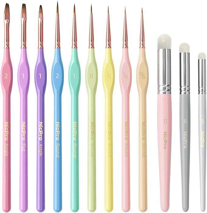 Nicpro 12PCS Fine Detail Paint Brush Drybrush Set, Aesthetic Pastel Fine Tip Miniature Paint Brushes for Acrylic Oil Watercolor, Crafts, 40K Models, Miniatures, Rock Painting, Paint by Numbers