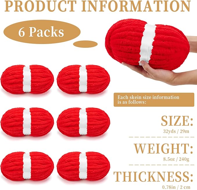 Chunky Chenille Yarn for Crocheting/Arm Knitting, Super Soft Jumbo Knit Blanket Yarn Red 6 Pack (32 yds, 8.5 oz Each Pack)
