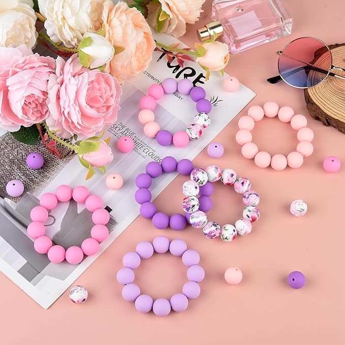 ASTARON 100 Pcs 15mm Silicone Beads for Keychain Making, Purple Pink Silicone Beads Round Bulk for Bracelets Pens Crafts Supplies