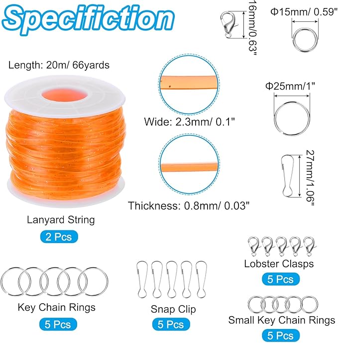 PATIKIL Lanyard String Kit, 2 Rolls Glitters Plastic Lacing Cord Gimp String Lanyard Weaving Kit with Lanyards Accessories for Jewelry Making DIY Crafts, Bracelets, Keychains, Orange