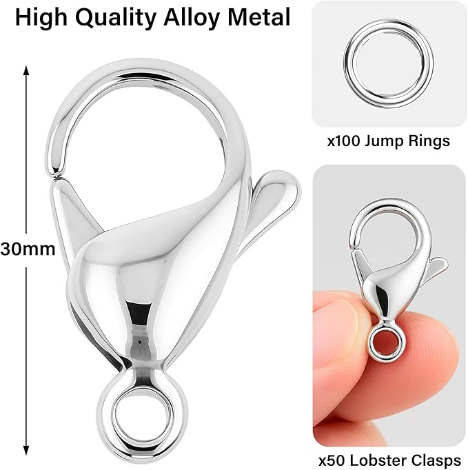 Mandala Crafts 30mm Silver Color Metal Lobster Clasps for Jewelry Making - 50 Lobster Claw Clasps with Jump Rings Jewelry Findings Kit for Necklaces Bracelets Charms Fasteners