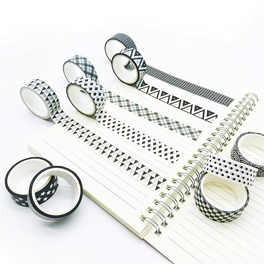 Basic Washi Tape Set 10 Rolls Black White Decorative Dot & Grid Masking Tapes for Journals, Planners, Scrapbooking, Gift Wrapping, DIY Crafts