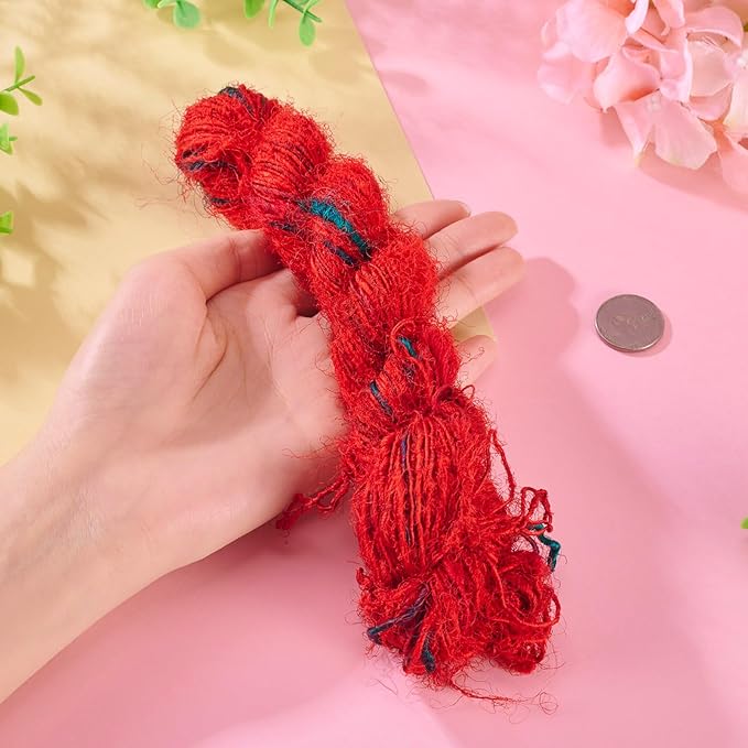 65.62 Yards Sari Silk Ribbon Yarn, Red Sari Ribbon Yarn Tassels Skeins Vintage Fabrics Crafts for Knitting Crocheting Macrame Tassels Scrapbook Craft Project Decor