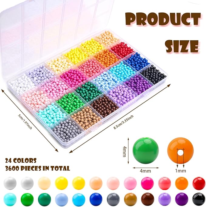 BONNY BOXX 3600Pcs 4mm Candy Color Acrylic Round Beads, 24 Colors Assorted Plastic Bubble Gum Beads with Hole Loose Beads Bulk for Bracelets Necklace Jewelry Making DIY Crafts