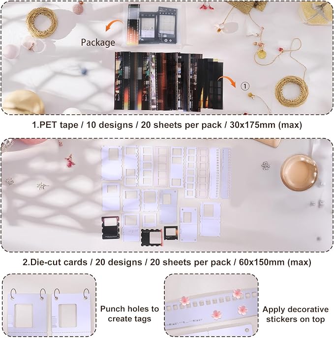 94Pcs Film Scrapbook Paper for Journaling Supplies Washi Stickers Memos Cards Waterproof Album Tape Stickers Vintage Photo Themed Scrapbooking Kits for Journal Planners Collage DIY Art Crafts Album