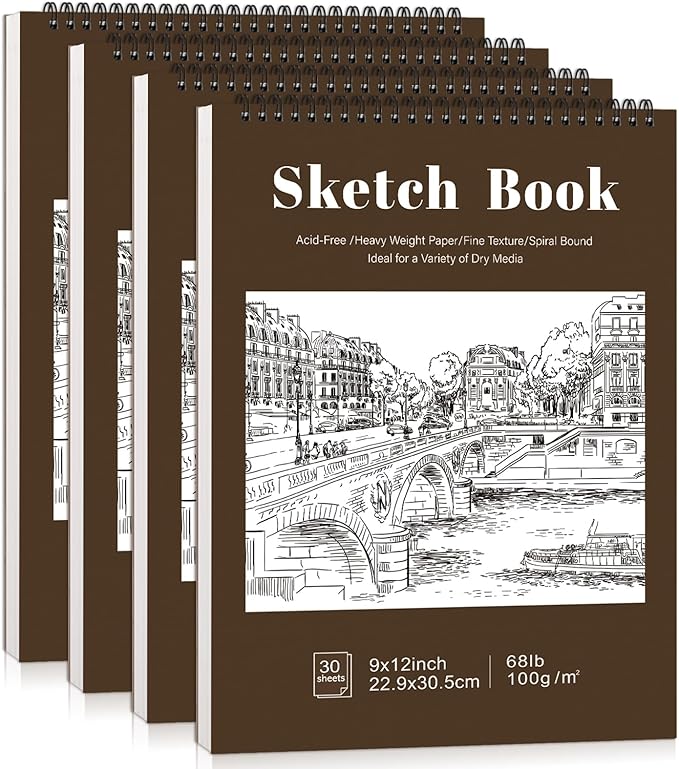 4 pack sketch book, 9 x 12 inch sketchbook, 68lb/100gsm top spiral bound sketch pad, acid free art supplies drawing painting sketching paper for kids, beginners, artists (tan)