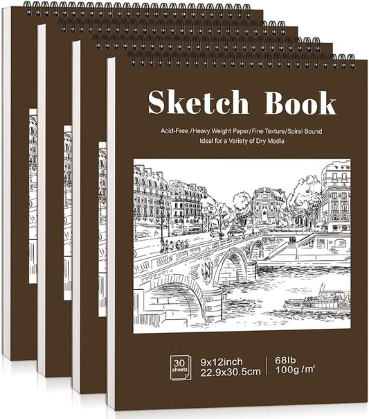 4 pack sketch book, 9 x 12 inch sketchbook, 68lb/100gsm top spiral bound sketch pad, acid free art supplies drawing painting sketching paper for kids, beginners, artists (tan)