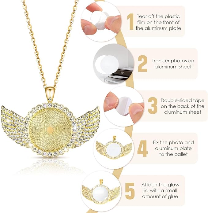 Hicarer 60 Pcs Sublimation Angel Wing Jewelry Blanks Set Rhinestone Bezel Pendant Trays Gold and Silver Sublimation Necklace Blank with Chain for DIY Making Crafts Wedding Gifts