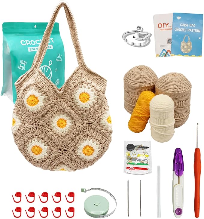 Uongeod Crochet Kit for Beginners Daisy Tote Bag DIY Granny Square Knitting Kits of Daisy Tote Bag with Step-by-Step Video Tutorials Crochet Kit Beginners for Adults