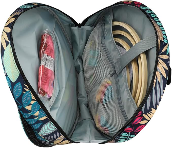 Shinyzone Cross Stitch Storage Bag with Leaf Print, Embroidery Projects Organiser, Sewing Crafts Storage Tote with Zipper Pockets for Embroidery Hoops, Charts and Threads