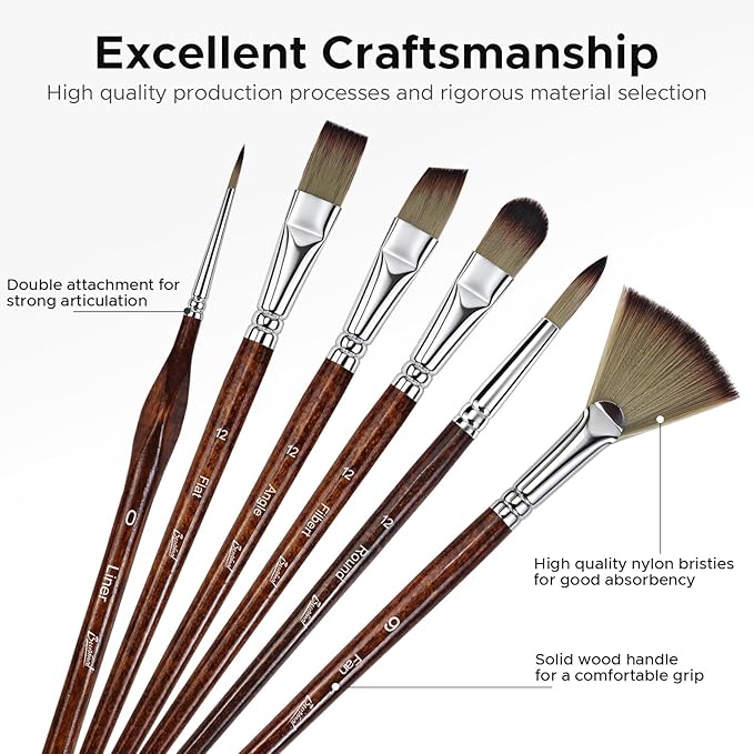Bougimal 33 Pcs Paint Brush Set, Artist Paint Brushes for Acrylic Painting, Oil, Watercolor, Gouache, with Flat Round Filbert Fan Angle Detail Brush, Suitable for Artists and Beginners (Tawny)