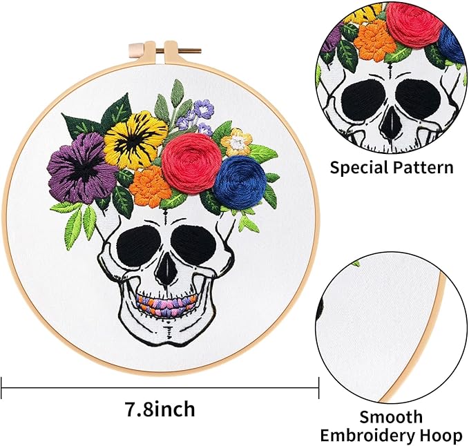 Nuberlic 3 Pack Halloween Skull Embroidery Kit for Adults Beginner Cross Stitch Kits for Starters with Skull Patterns Include 3 Hoop Cloth Thread Needles and Instructions