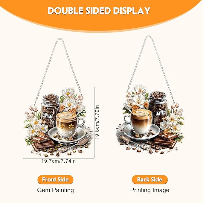 NEWENMO Hanging Diamond Art Kit for Adult, Coffee Cup, 5D Special Shaped Rhinestone Diamond Painting Ornament, Coffee Lover, DIY Acrylic Diamond Art Painting Window Pendants Home Garden Wall Decor