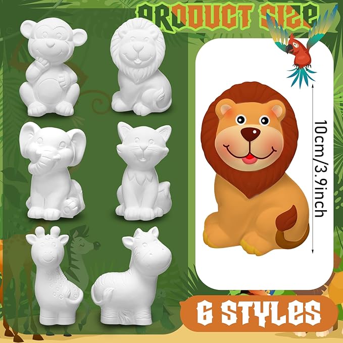 Gemscream 6 Sets Animal Painting Craft Kits Wild Animal Ceramics to Paint Safari Ceramics Ready to Paint for Activities Figurines Art Supplies Gifts(Jungle)