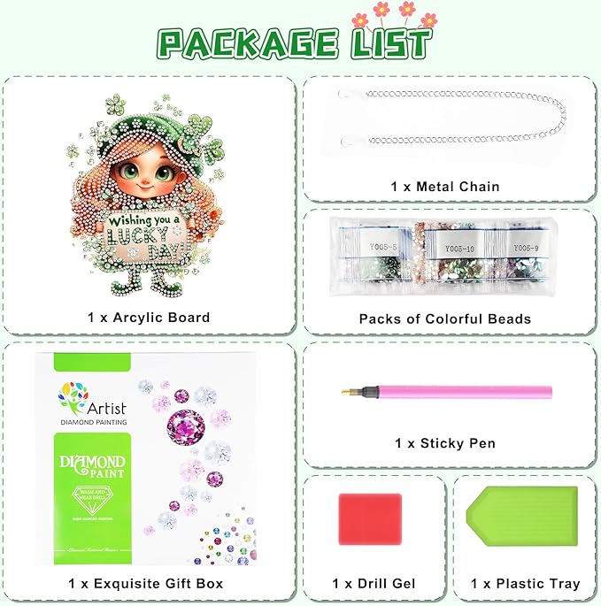 KEYIFA St. Patrick's Day Diamond Painting Kit, DIY Lucky Girl Diamond Art for Adults, Diamonds Pendant Special Shaped Rhinestone Window Hanging Ornaments Home Garden Wall Door Decoration, 20cm Width