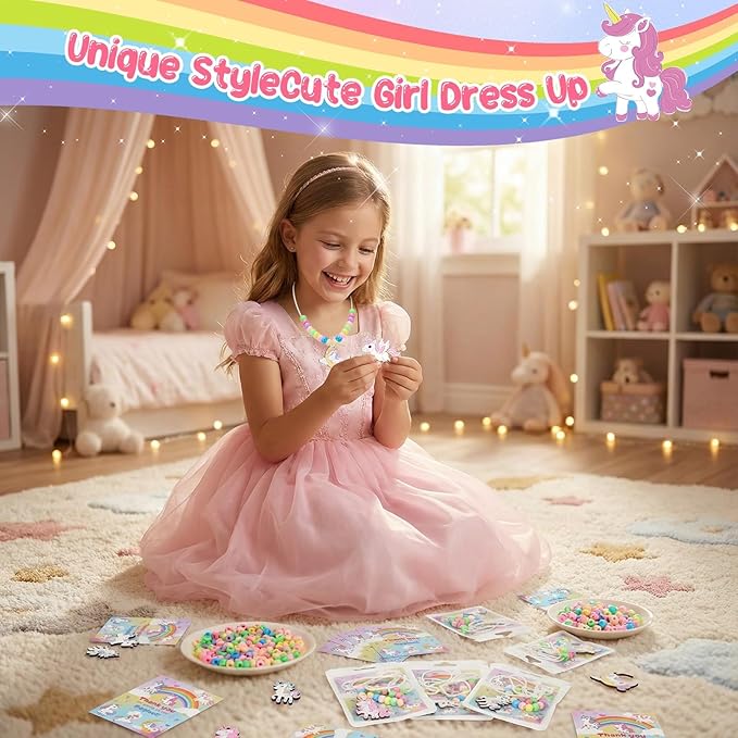 Bafeil 24 Set Unicorn Crafts Jewelry Necklace Making Kit, Wood Unicorn Charms with Pony Beads DIY Set for Arts and Crafts, Dress up, Birthday Party Favors, Gifts, Goodie Bag Stuffers, Group Prizes