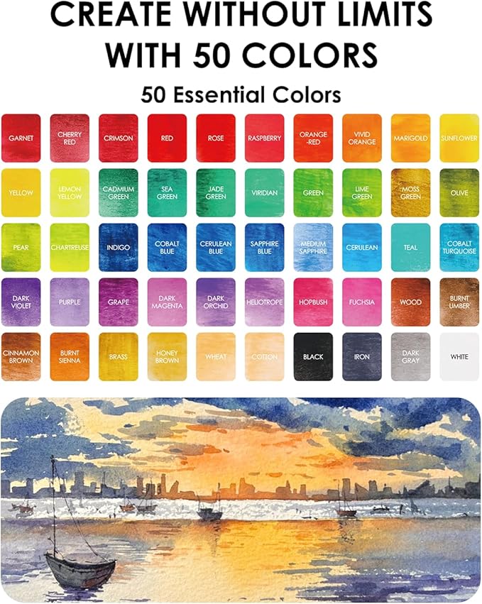 grabie 50 colors premium all-in-one water color paint set - detail paint brush included, watercolor paints, painting sets, art supplies, portable & travel watercolor set, amateur hobbyists
