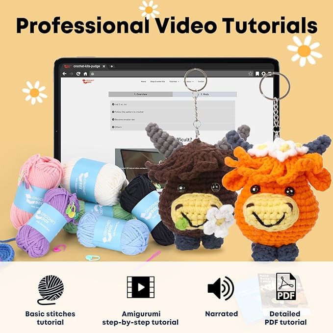 CrochetBox Crochet Kit for Beginners - 2 PCS Highland Cow Keychain Crochet Kit, Learn to Crochet, Include Easy Knitting Yarn, Step-by-Step Video Tutorial, Hook, Holiday Birthday Gift for Adults