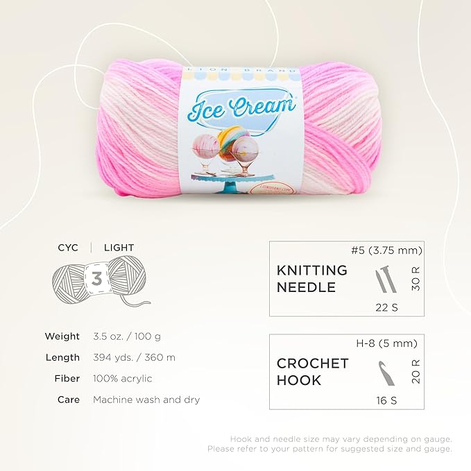 Lion Brand Yarn, Ice Cream Baby Yarn for Knitting, Crochet, and Crafts, Birthday Cake, 3 Pack, DK Weight Colorful Acrylic Fiber for Baby Blankets, Hats, and Sweaters